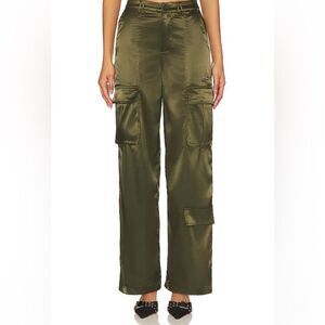 NWT REMI x REVOLVE Sydney Cargo Pant Dark Green satin finish wide leg loose L